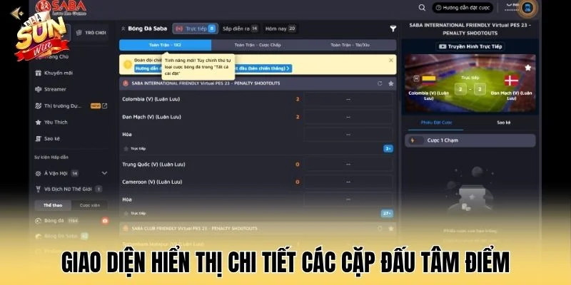 Giao diện hiển thị chi tiết các cặp đấu tâm điểm