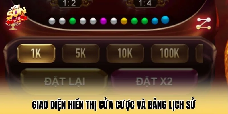 Giao diện hiển thị cửa cược và bảng lịch sử